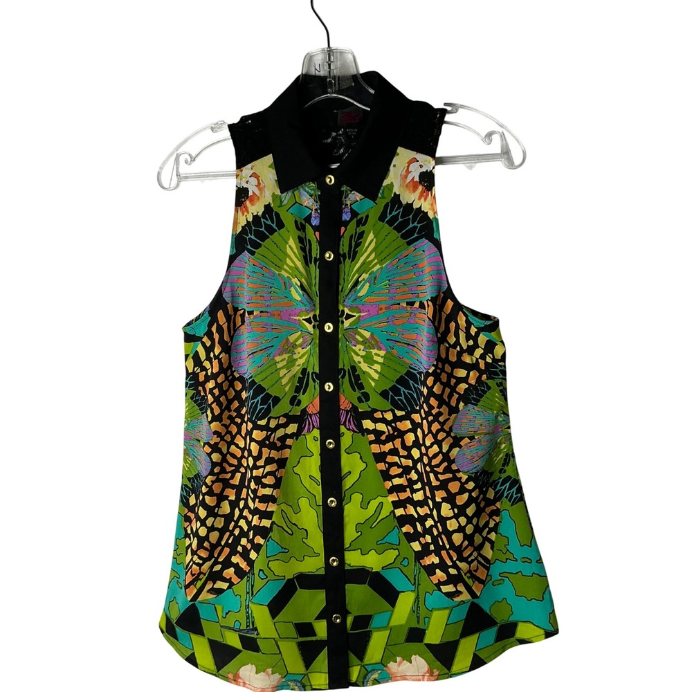 Art to‎ Wear Butterfly Print Sleeveless Lace Back Button Up Top Green Small